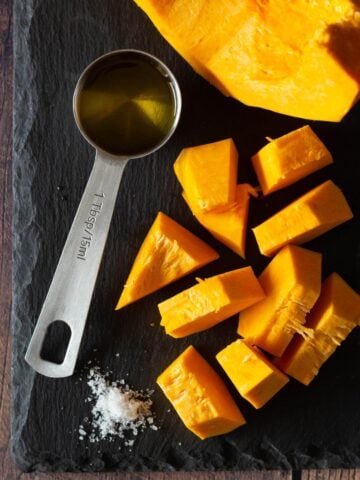 olive oil, sea salt and pumpkin dice to roast the pumpkin