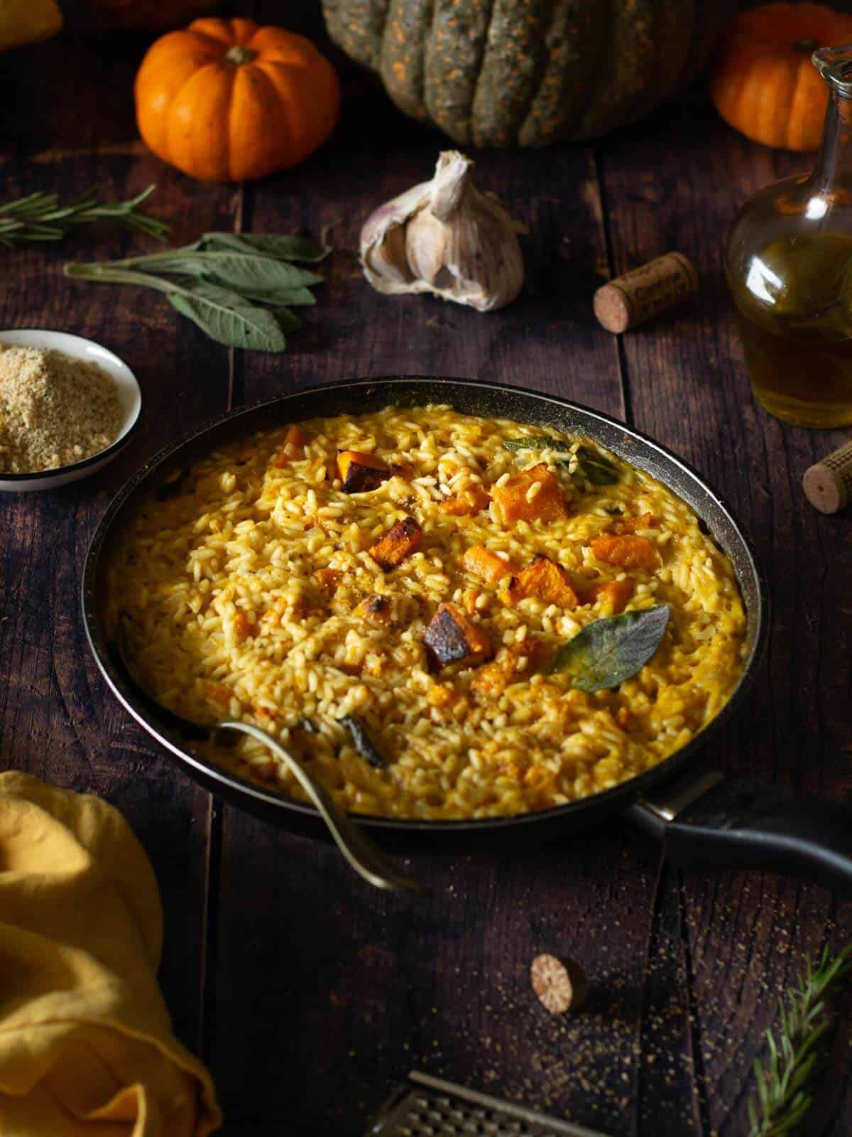 45 degrees view of roasted pumpkin risotto on a wooden table