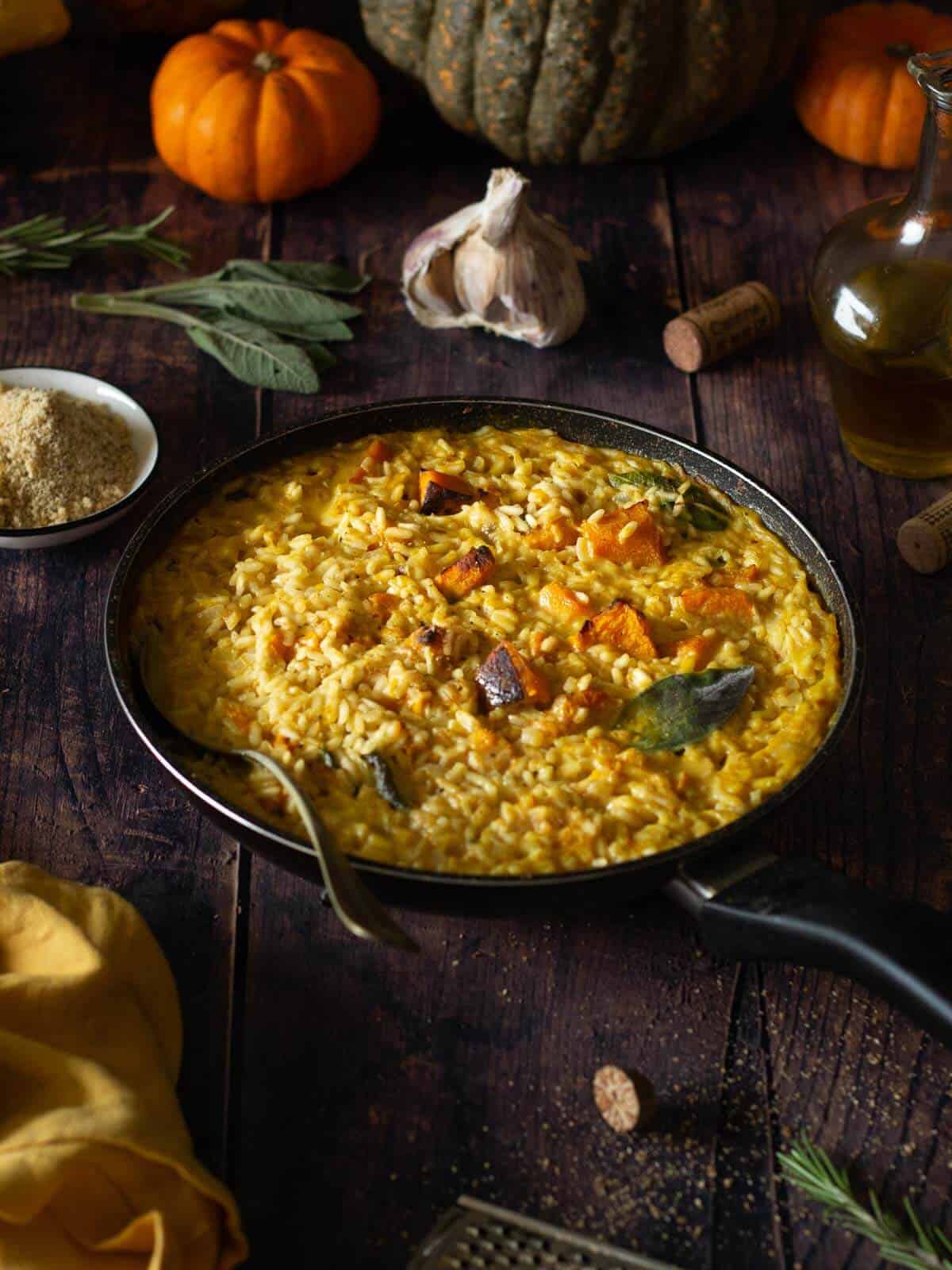 45 degrees view of roasted pumpkin risotto on a wooden table