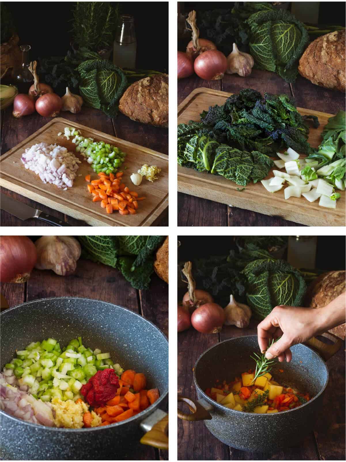 collage with 4 pictures. First with chopped onion, celery, garlic and carrots. Second with chopped kale, swiss chard and cabbage. Third sautéing vegetables, Fourth adding fresh thyme and rosemary.