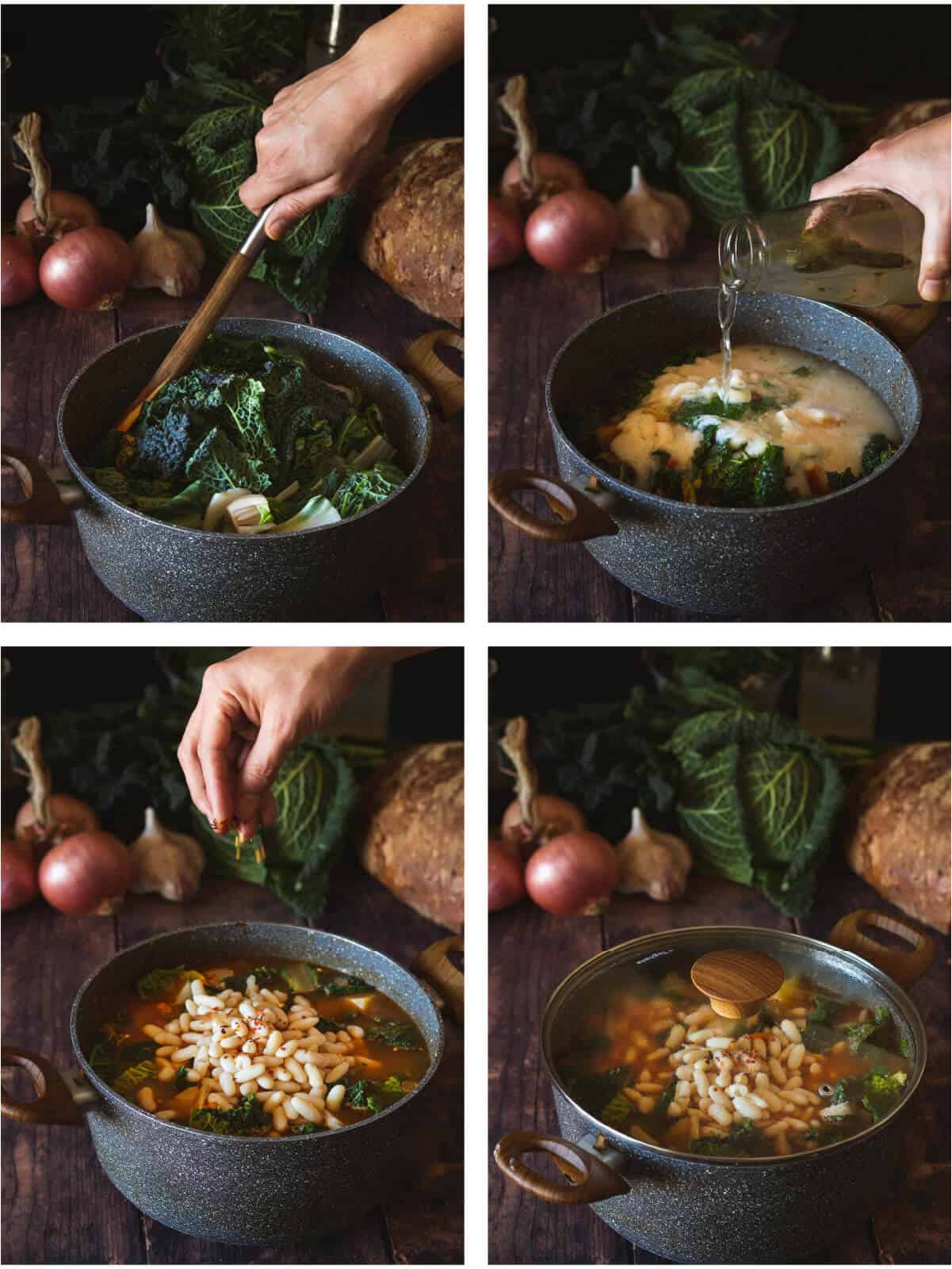 adding chopped greens, water, red pepper flakes into the saucepan and closing with a lid.