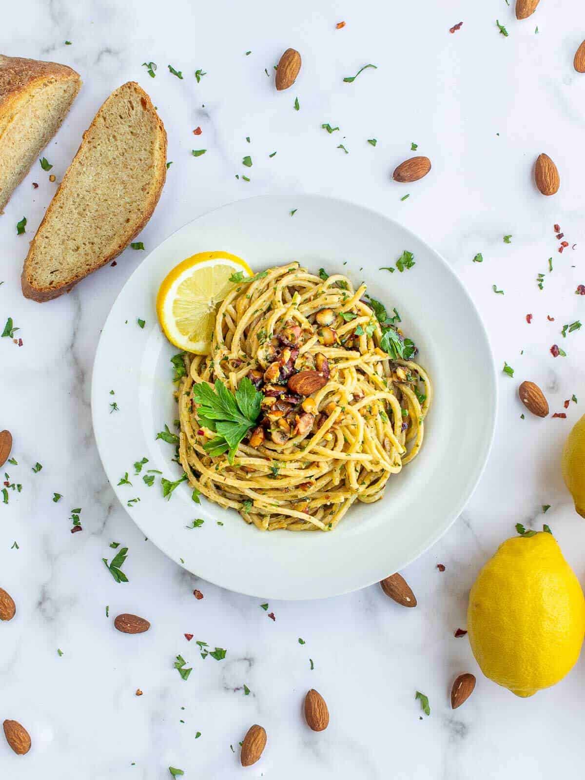 plated lemony garlic pasta.