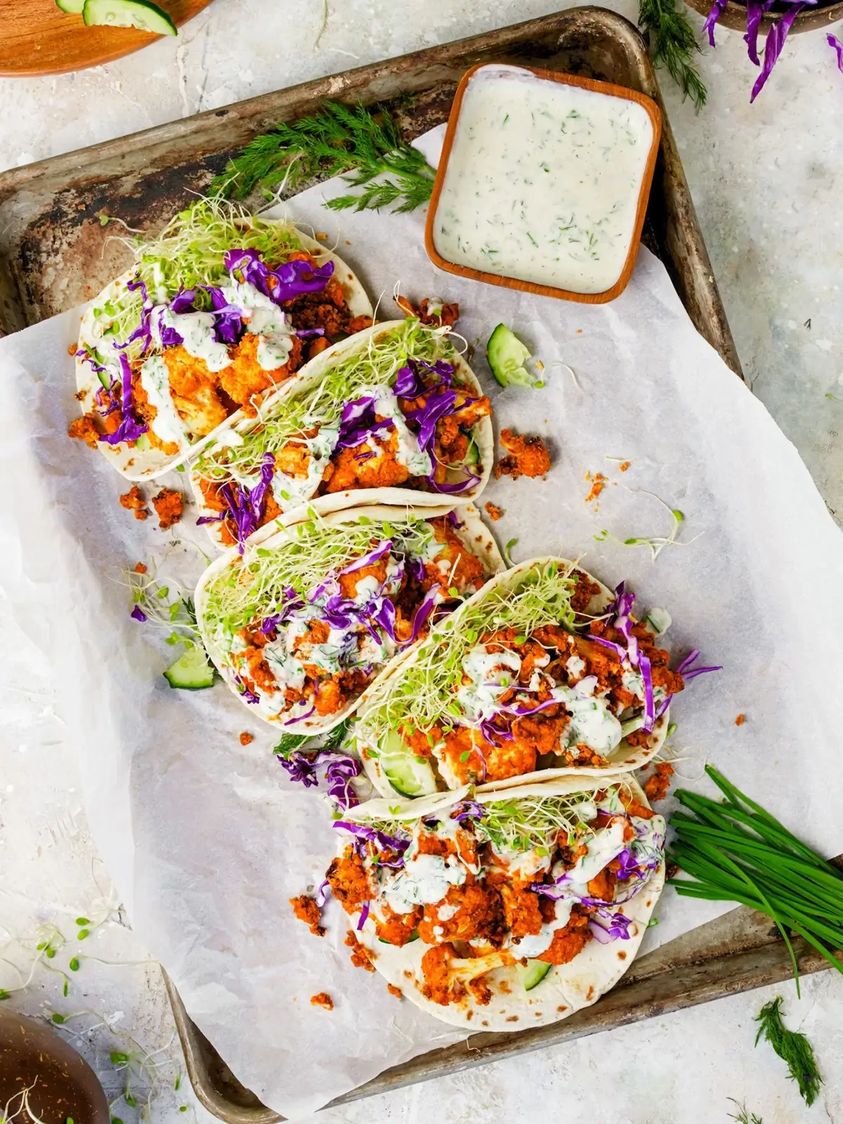 buffalo cauliflower tacos with sprouts