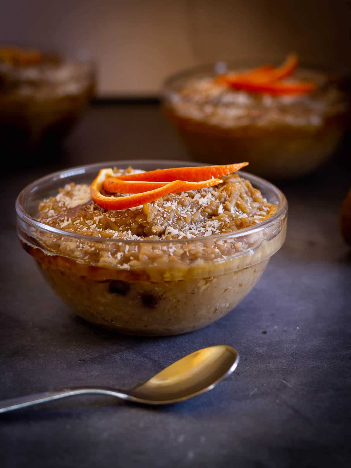 rice pudding served with clementine peels.