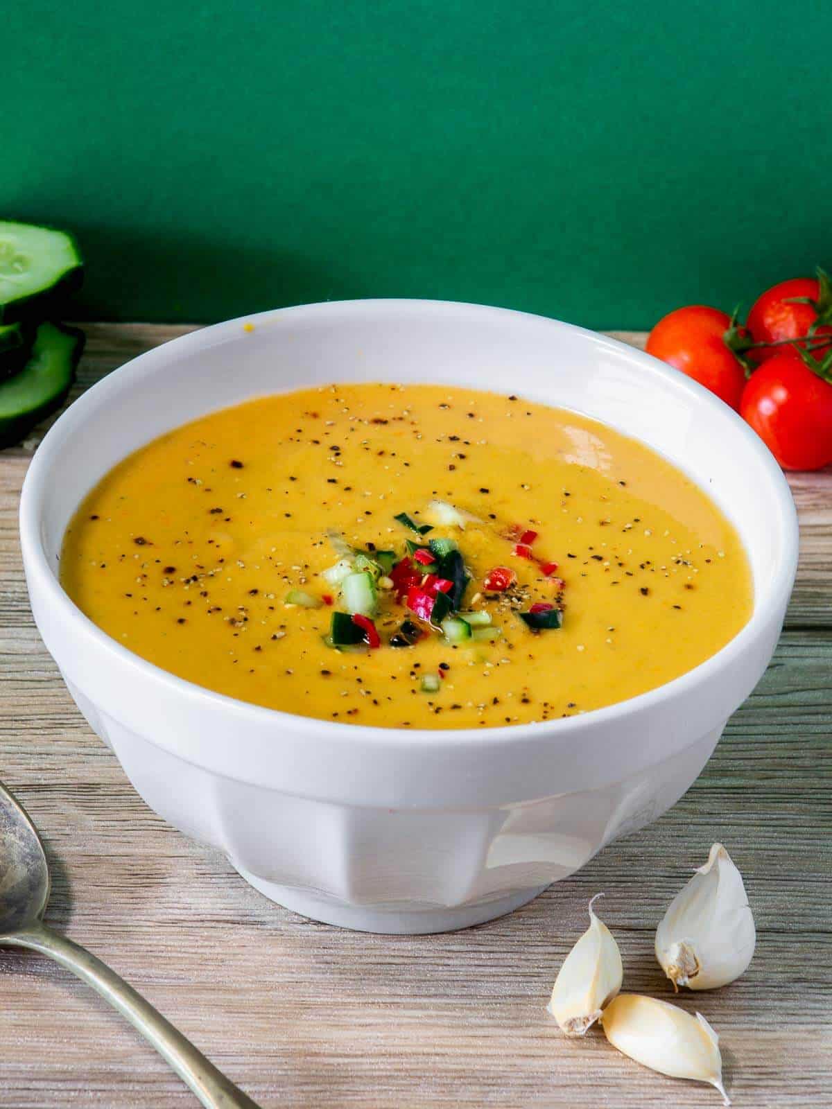 Garnished Gazpacho in bowl