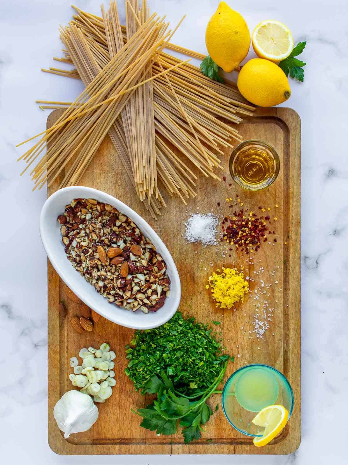 ingredients to make lemony garlic pasta.