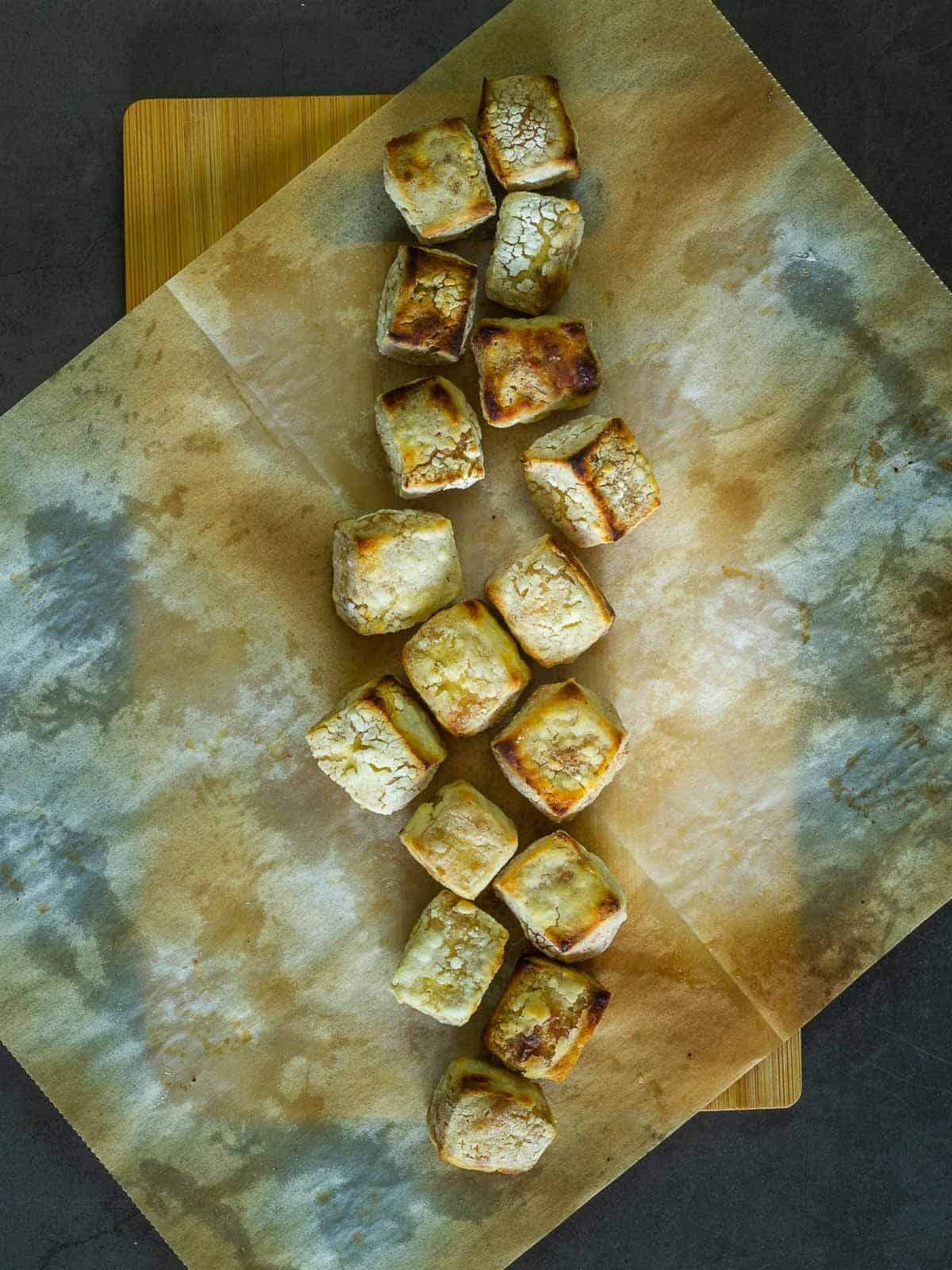 Crispy Tofu on Parchment Paper.