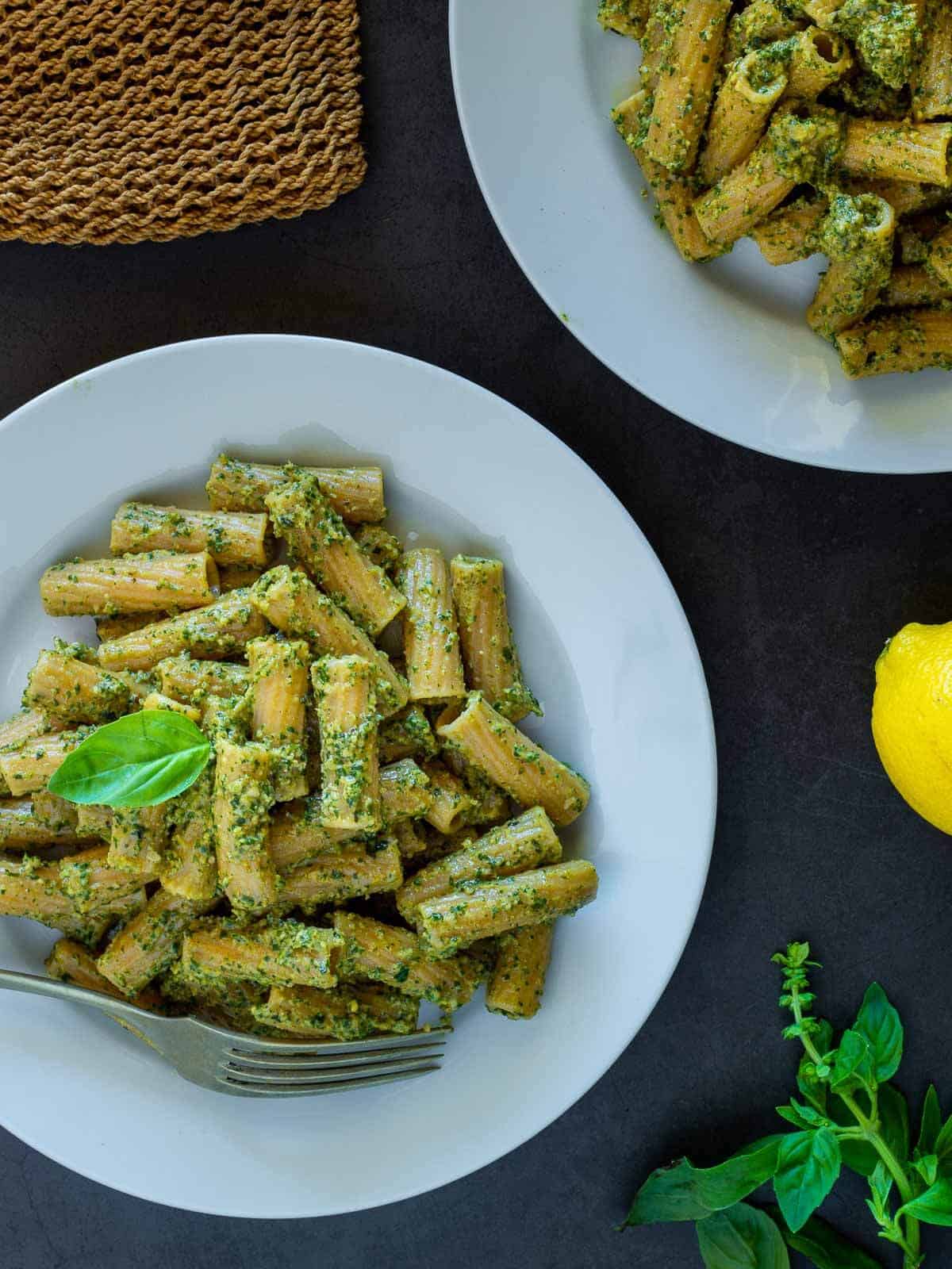 rigatti pasta combined with vegan lemon basil pesto.