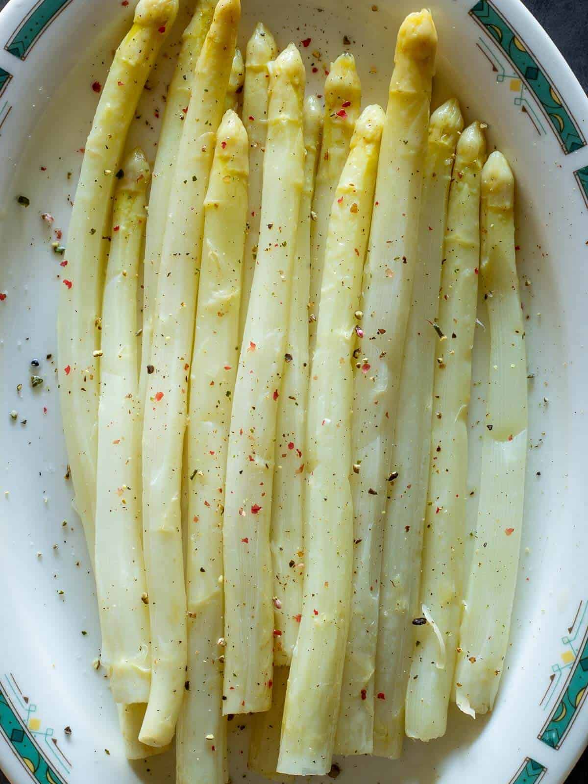 white asparagus served for a vegan spring appetizer
