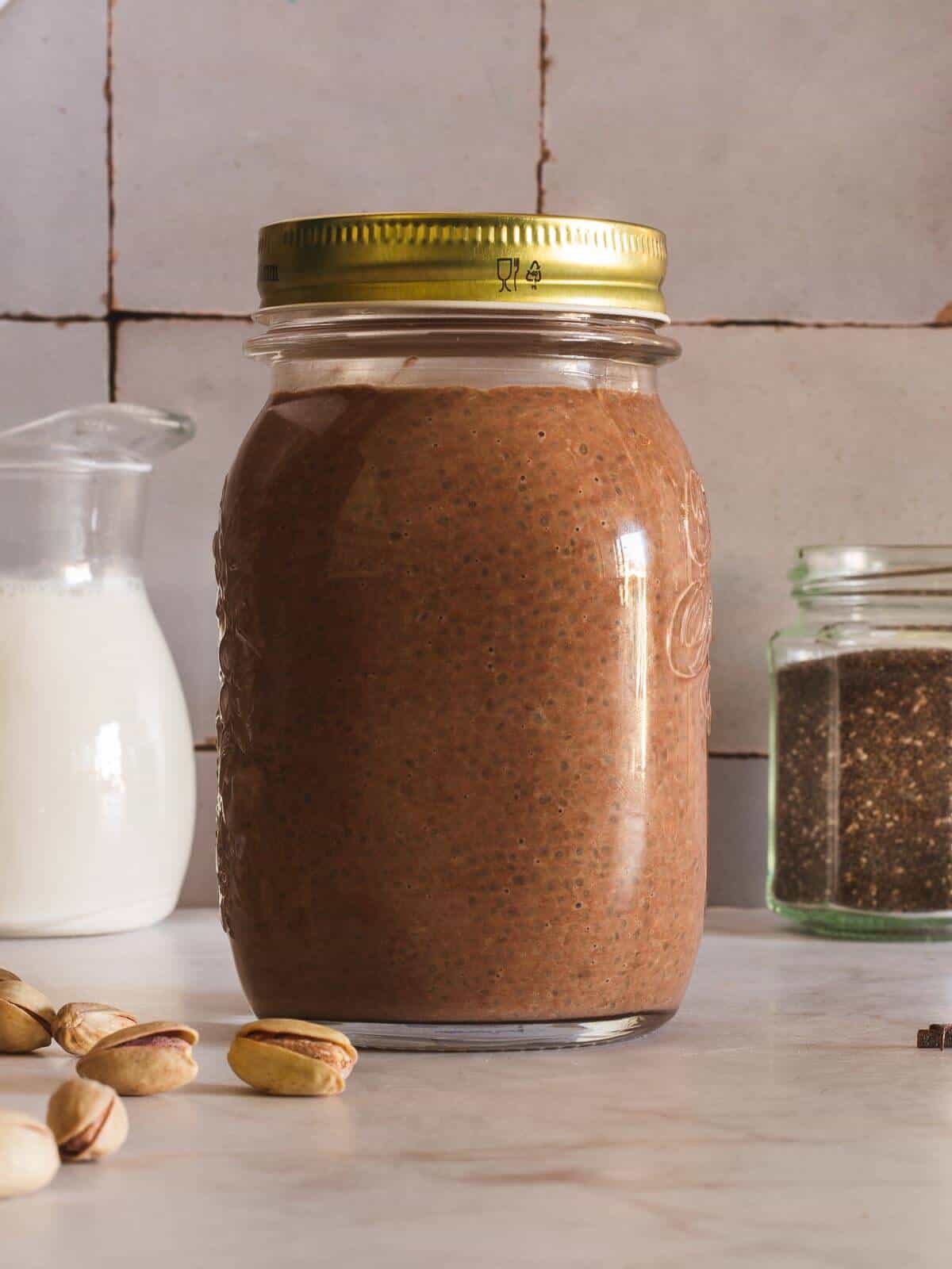 chocolate chia pudding in mason jar