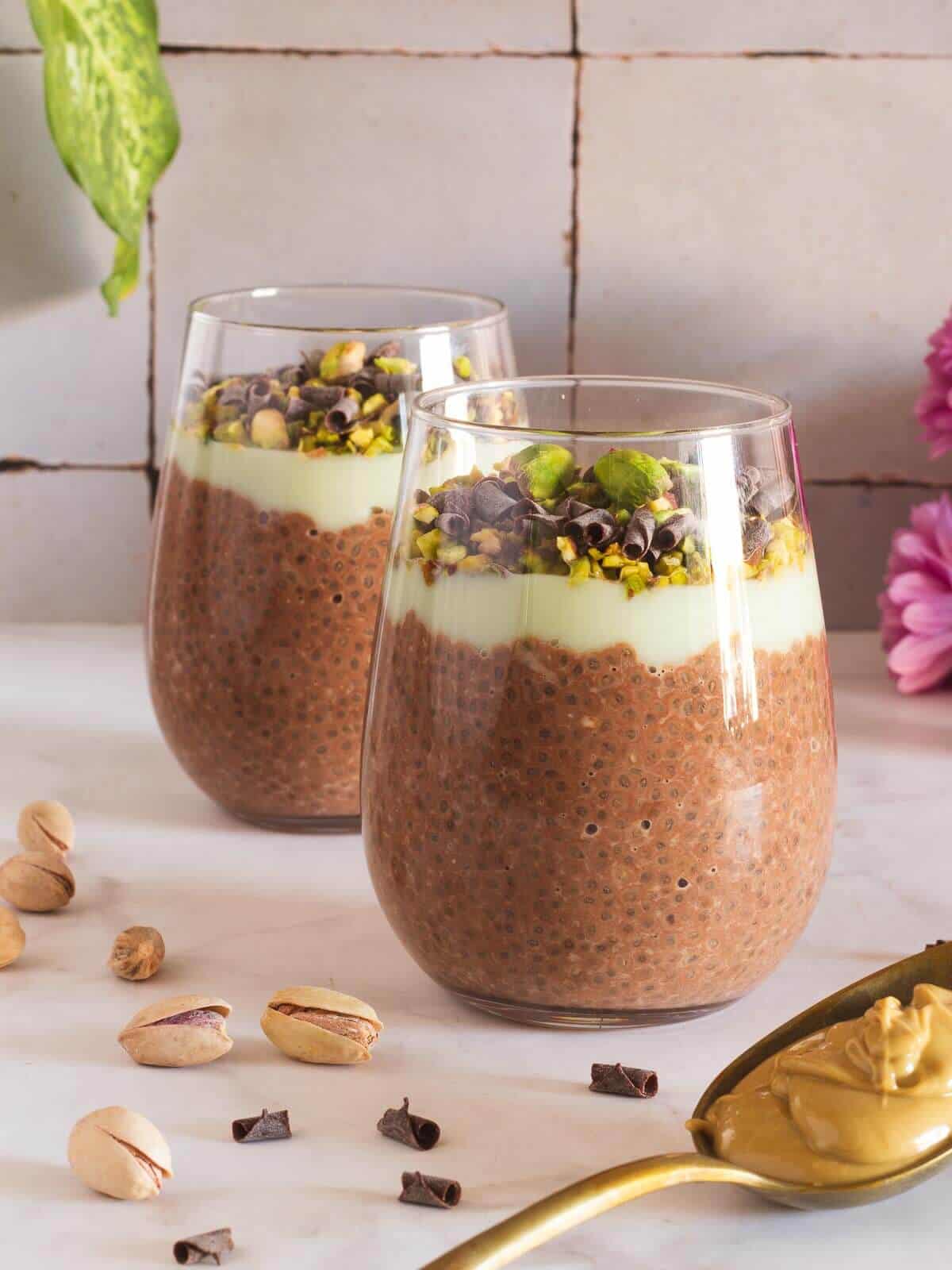 dark chocolate chia pudding served with pistachio cream