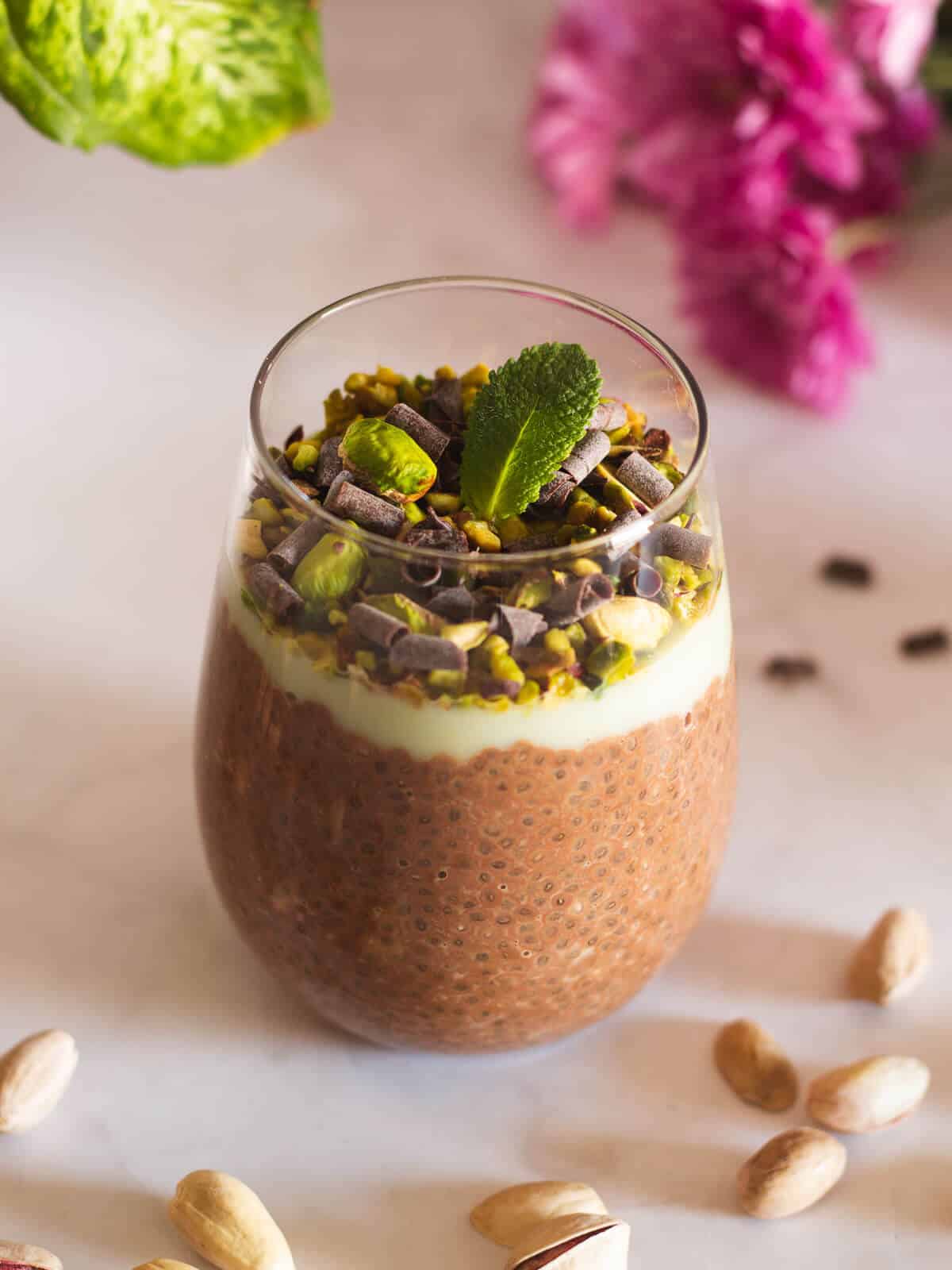 vegan chocolate chia pudding with pistachio, chocolate chips and mint leaves