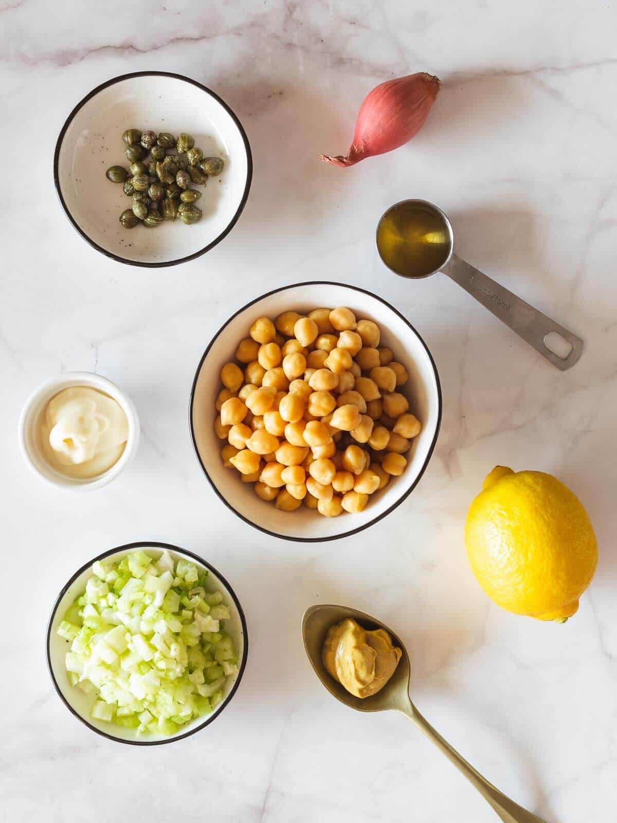 Ingredients to make a vegan tuna salad with chickpeas.