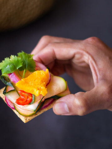 hand holding a cracker with vegan ceviche.