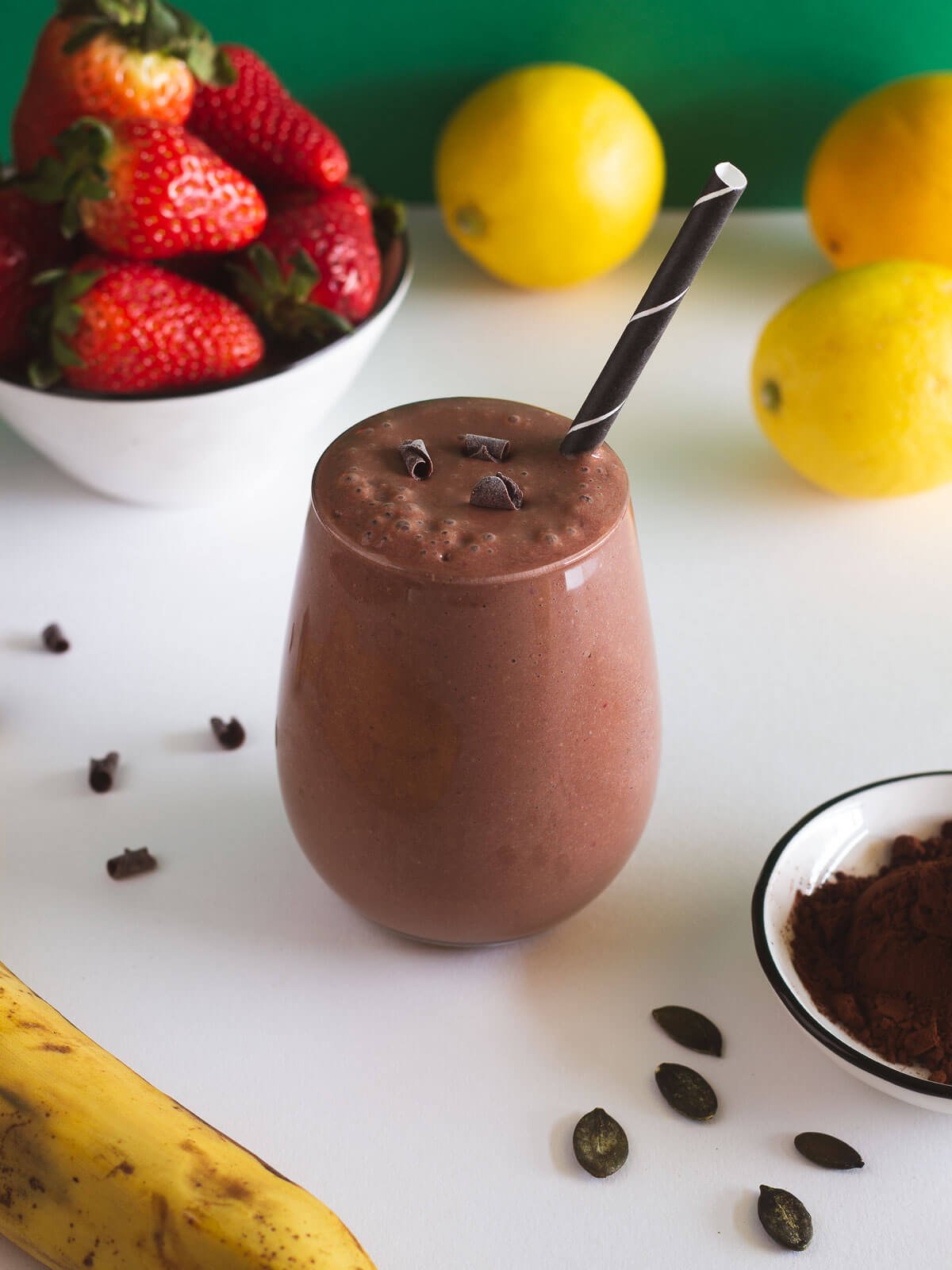 glass of strawberry chocolate smoothie