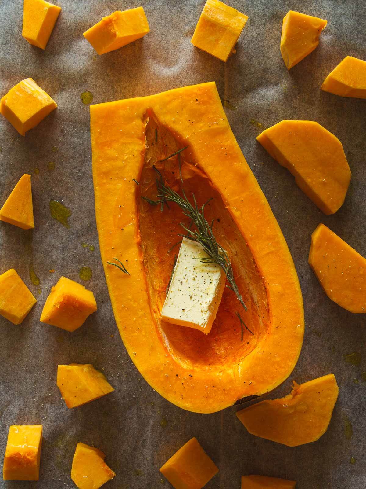 bake the butternut squash with vegan butter and a rosemary sprig