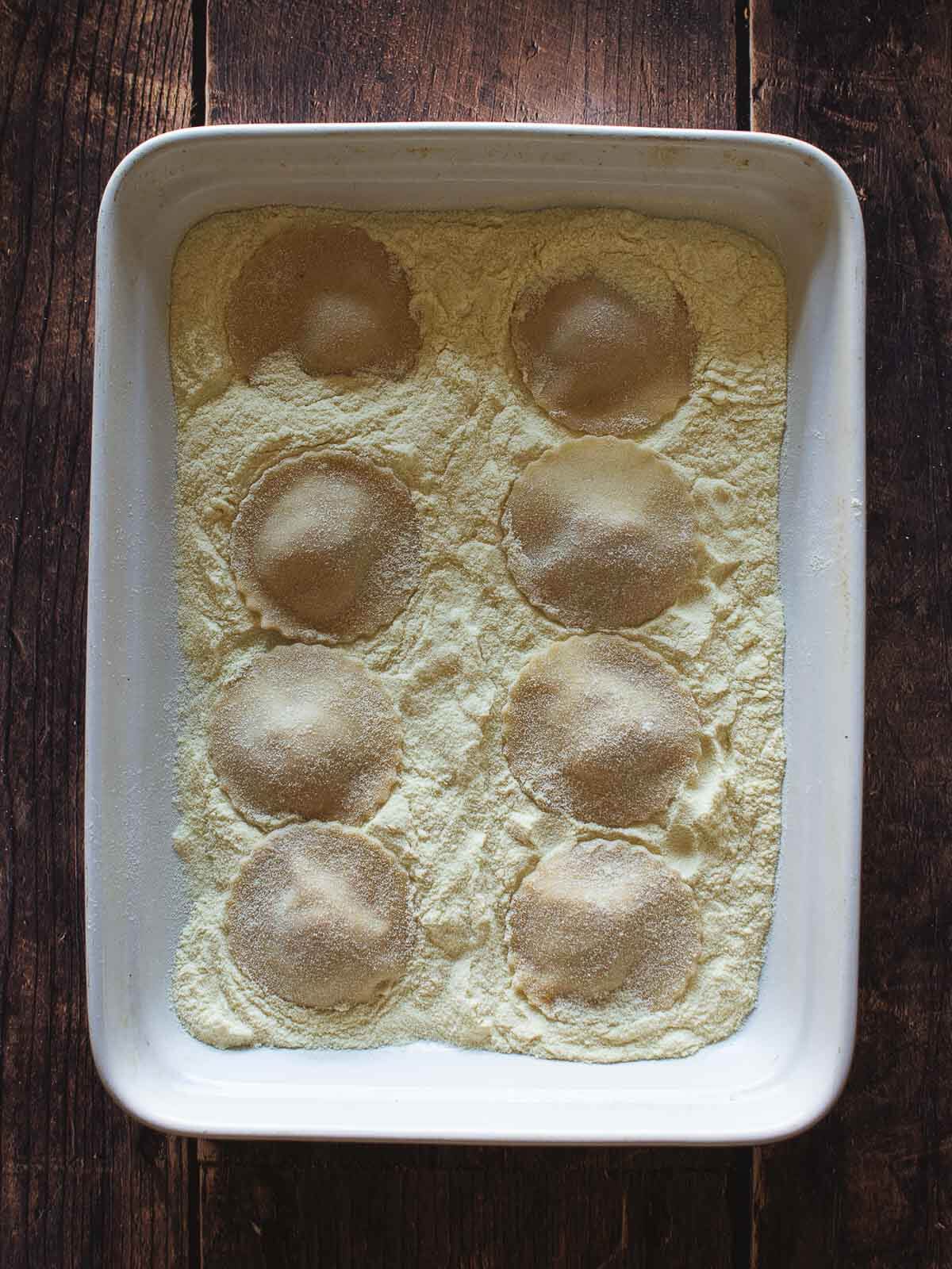 put the readily made ravioli on top of hard durum wheat to remove the excess moisture