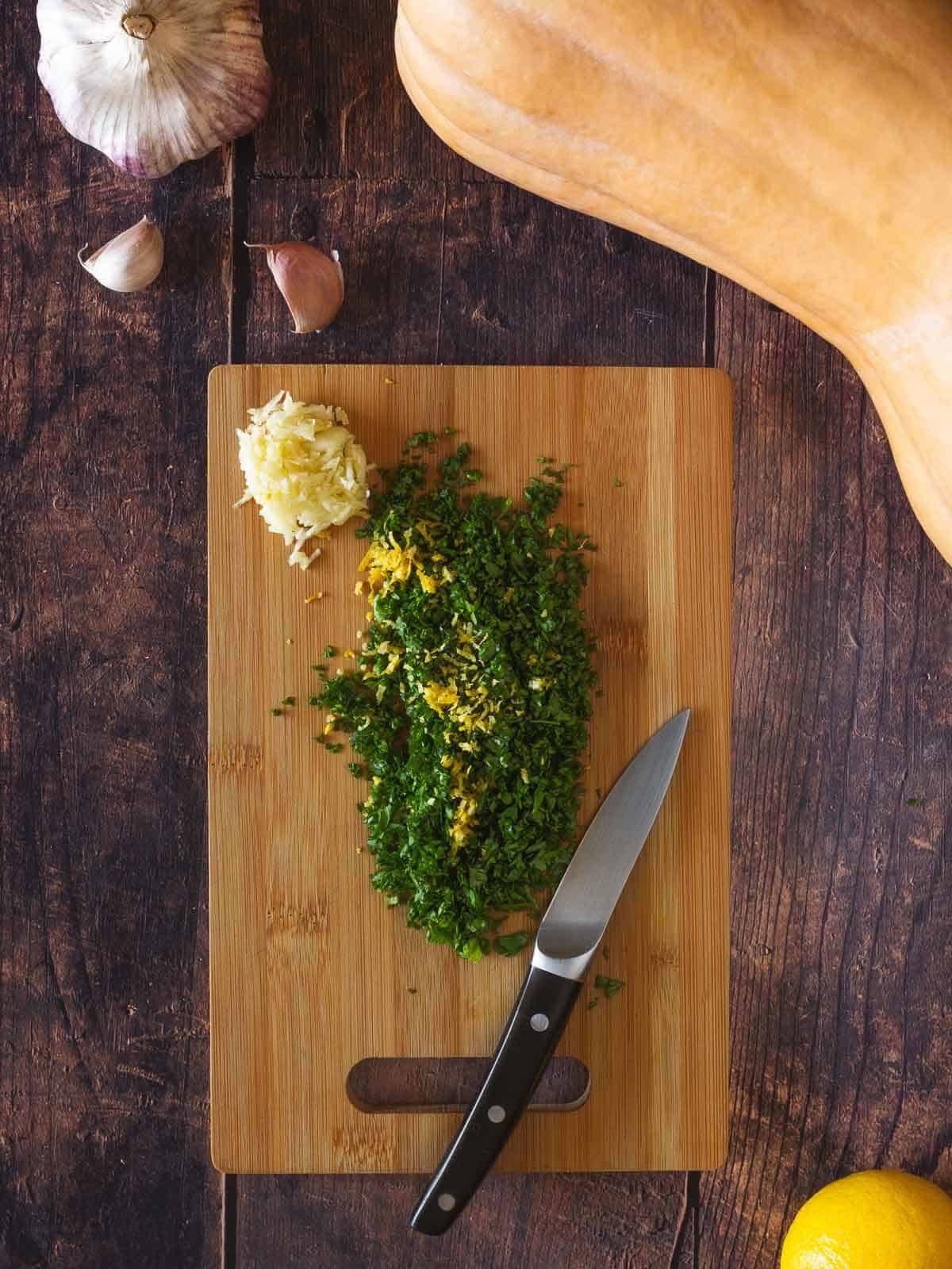 chopped parsley with lemon zest and minced garlic.