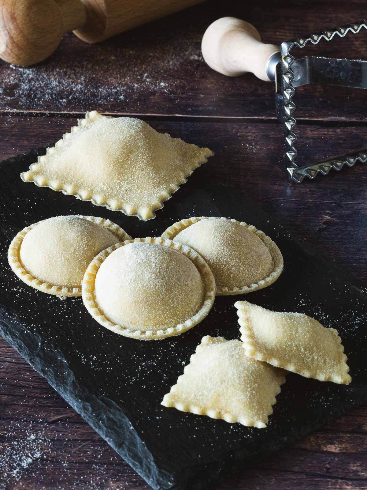ravioli cut with different methods and shapes