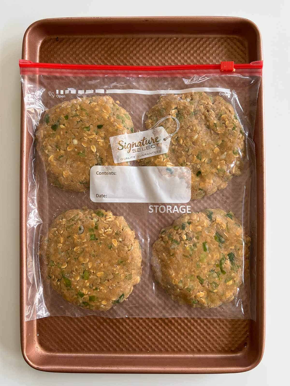 take the chickpea patties to the freezer for a minimum of thirty minutes, inside a freezer safe plastic bag