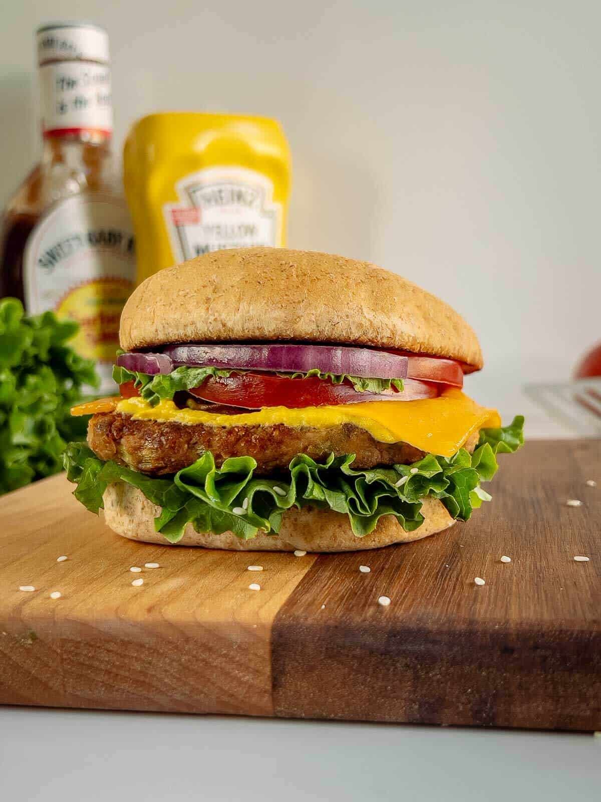 assembled vegan chickpea burger.