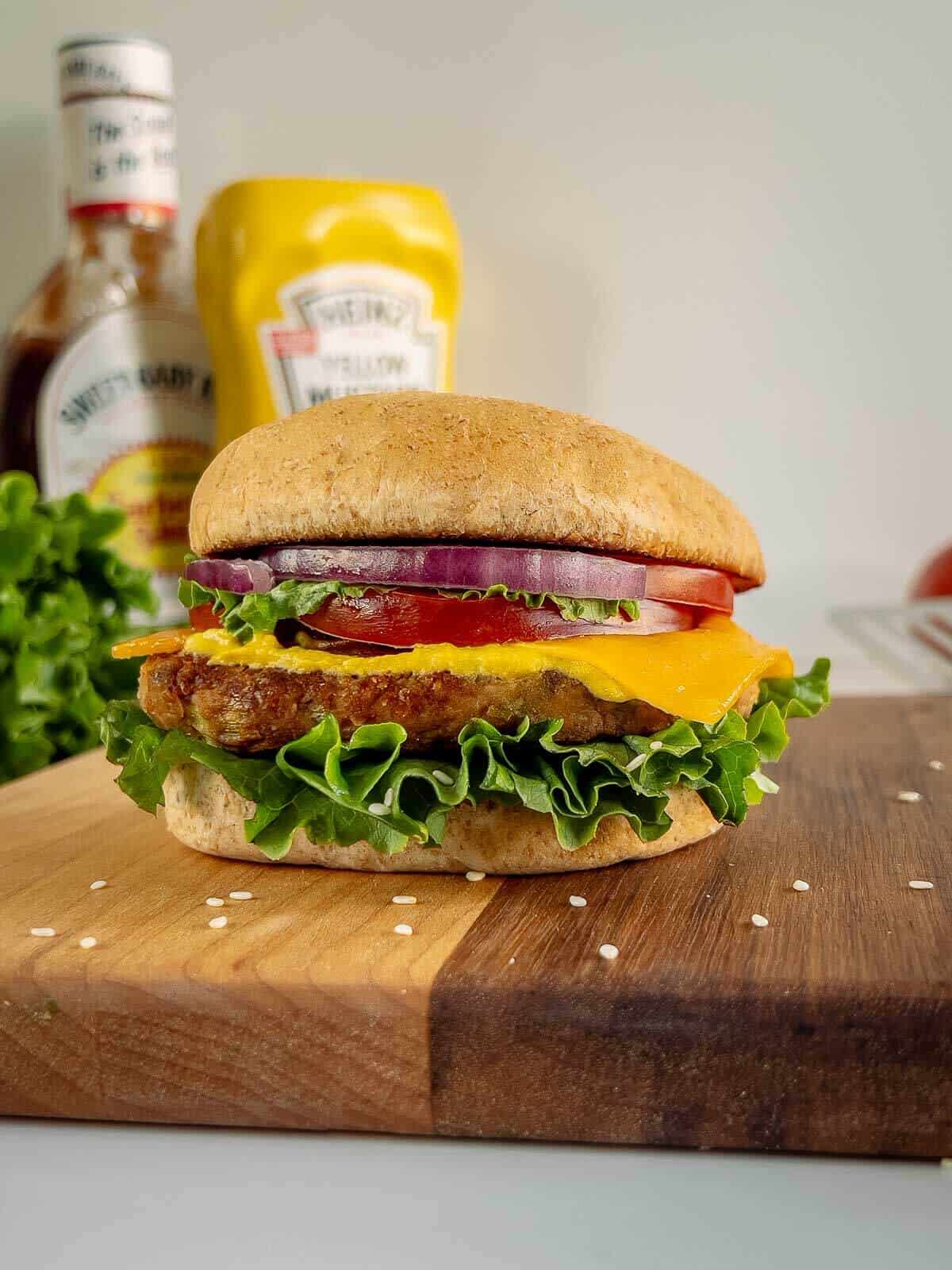 assembled vegan chickpea burger recipe.