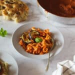 creamy eggplant pasta with tomato ricotta sauce.