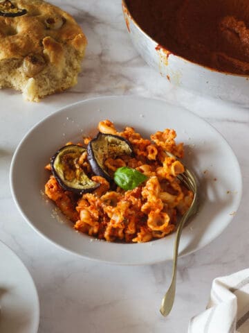 creamy eggplant pasta with tomato ricotta sauce.