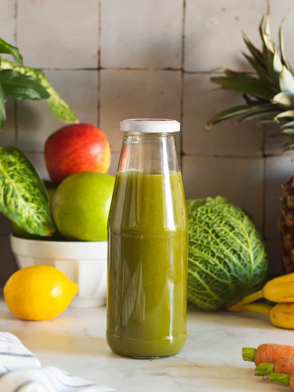 constipation smoothie leftovers stored in glass container with a lid.