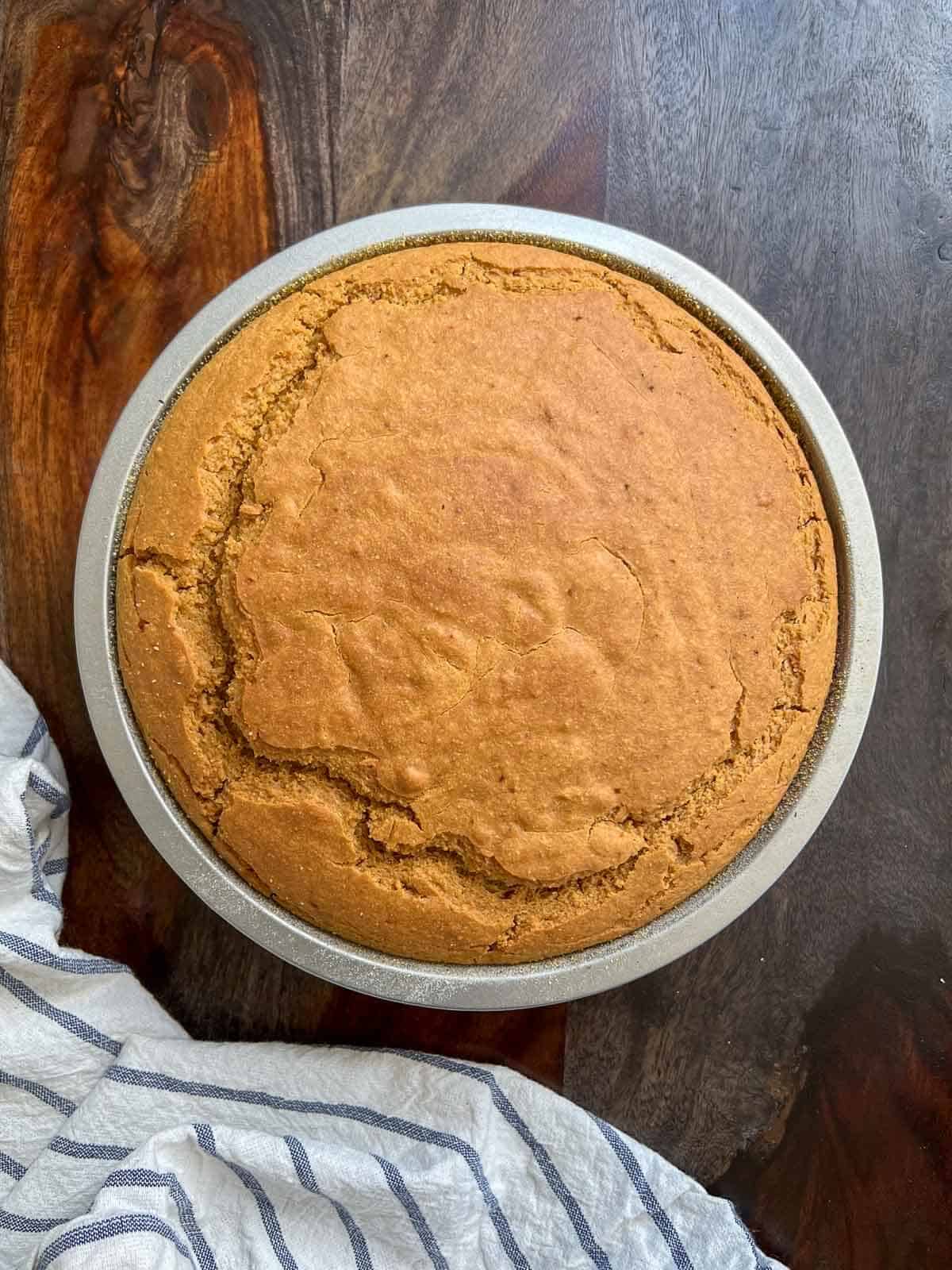 gluten-free cornbread baked in a round baking dish.