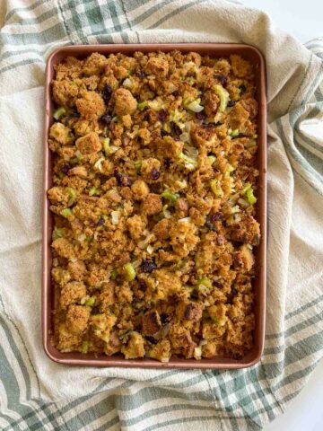 baking sheet with baked cornbread stuffing.