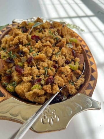 served cornbread stuffing with pecan nuts.