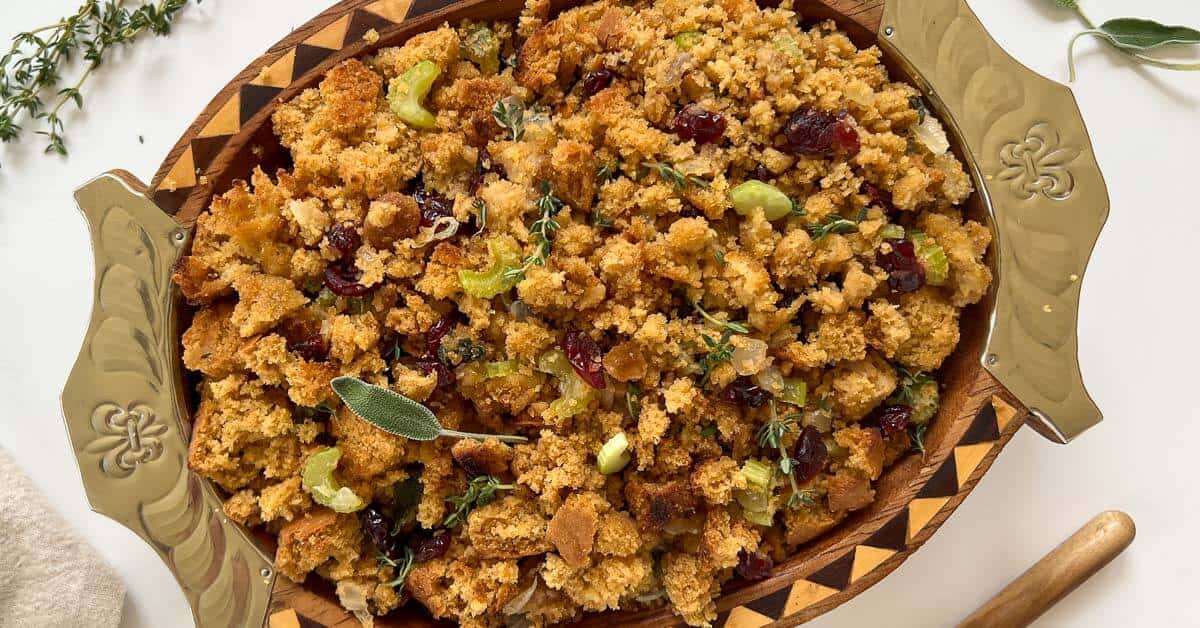 Cornbread Dressing AKA Cornbread Stuffing with Cranberries and Pecans