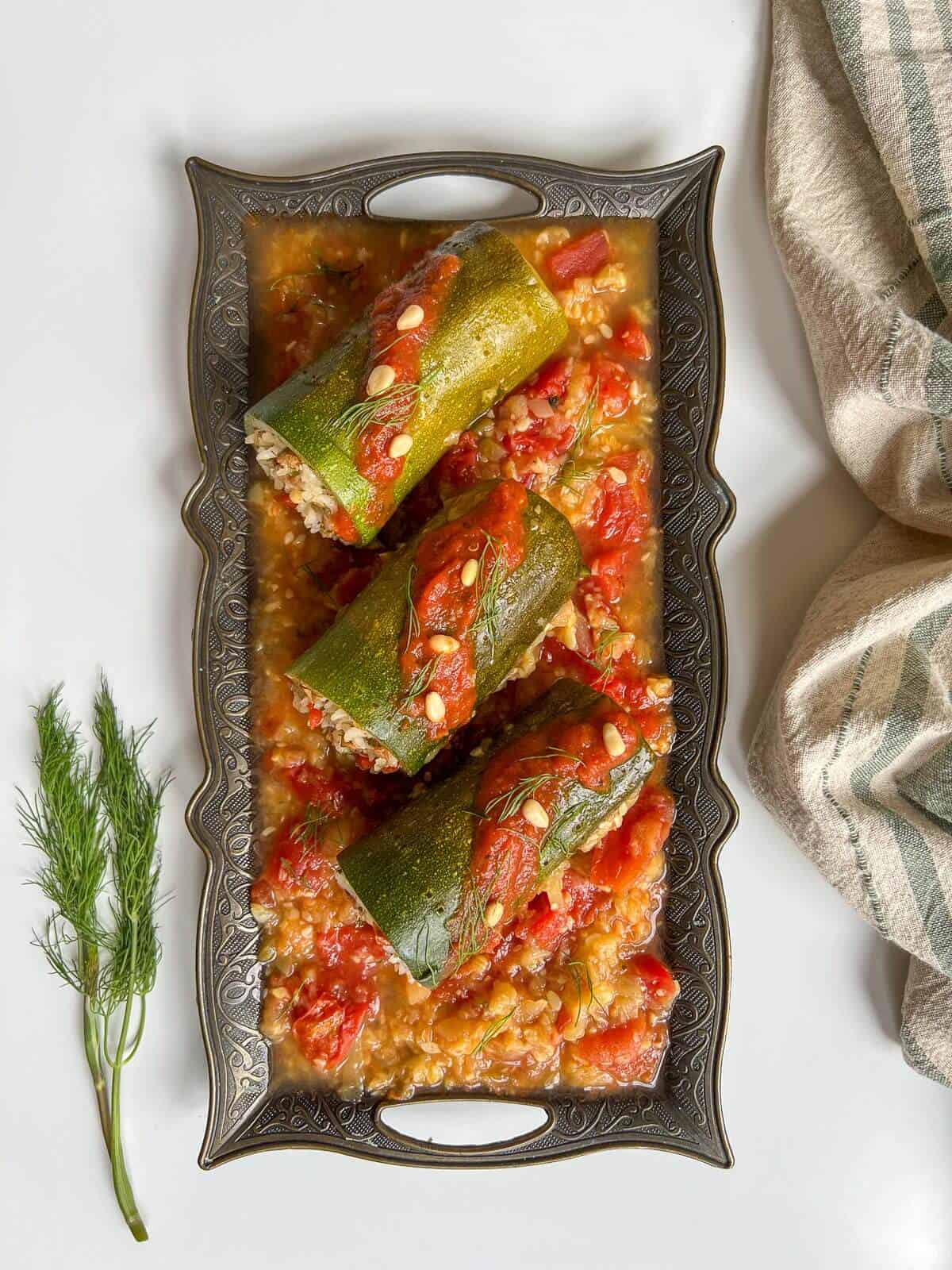 lebanese stuffed zucchini served in arab style plate.