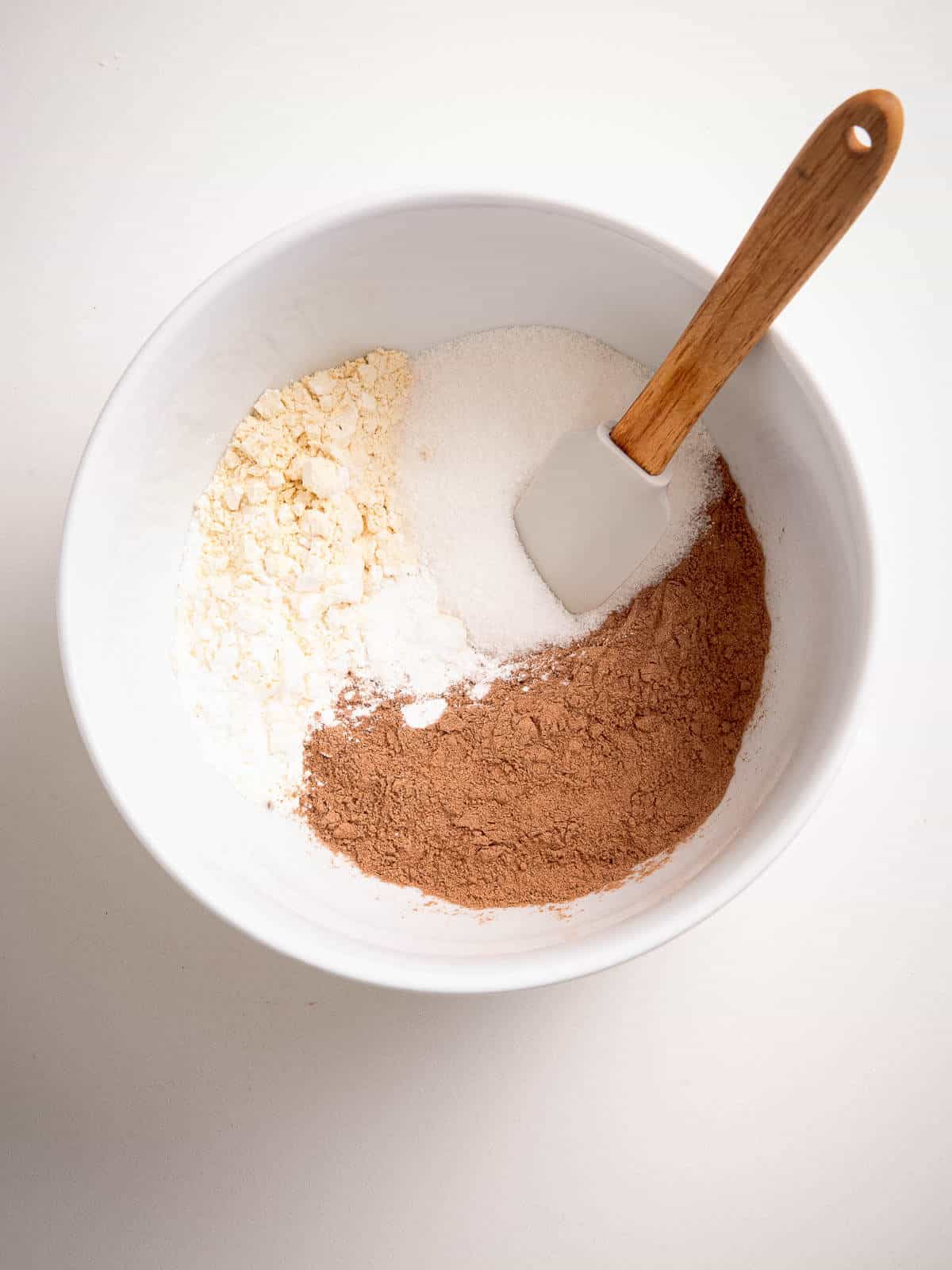 place the cocoa powder, chickpea flour with the cornstarch, sugar and baking powder in a bowl.
