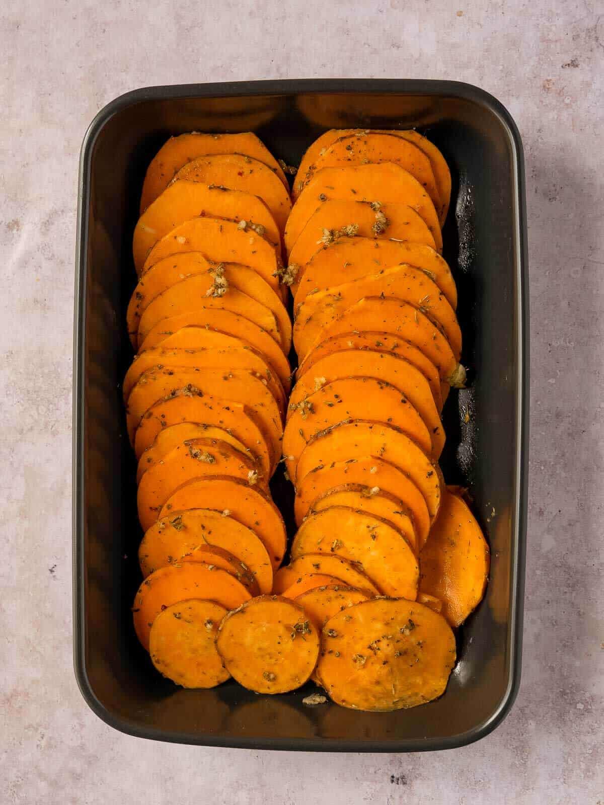 turn the sweet potato baking dish to the oven.