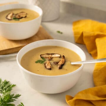 4-ingredient potato soup garnished with sautéd mushrooms featured.