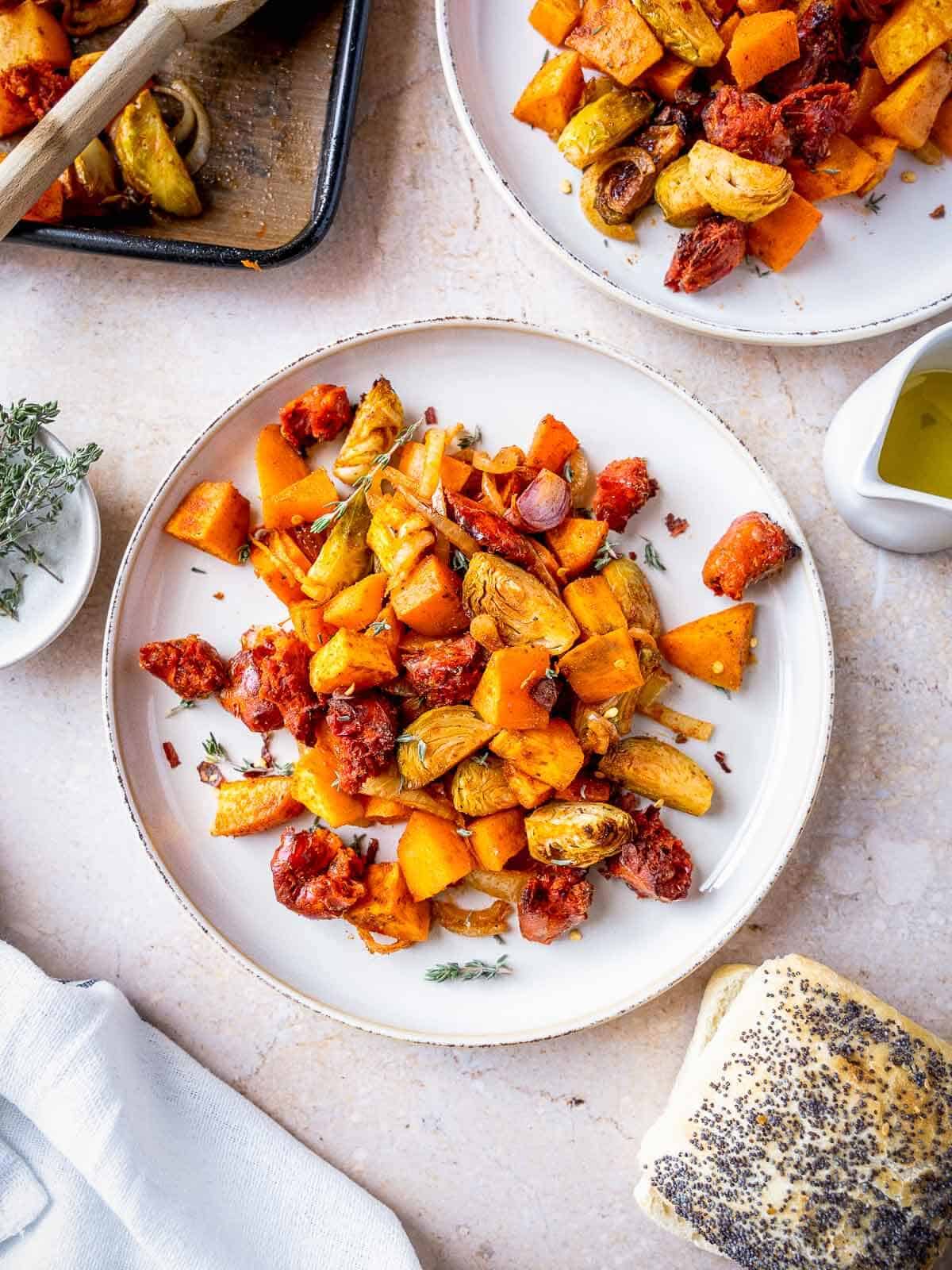 plated Brussel sprout sweet potato hash.