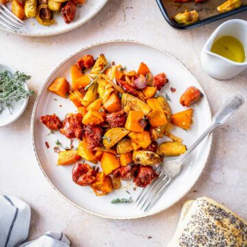 sweet potato breakfast hash with Brussels sprouts and chorizo featured.