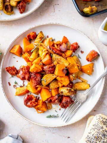 sweet potato breakfast hash with Brussels sprouts and chorizo featured.
