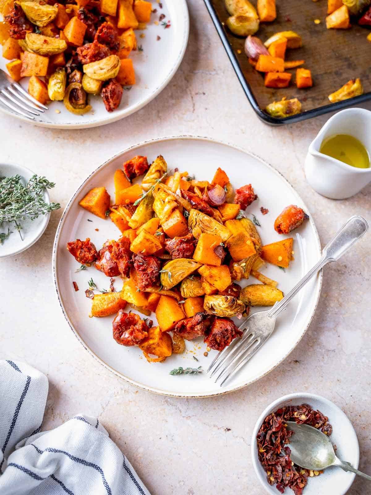 sweet potato breakfast hash with Brussels sprouts and chorizo.