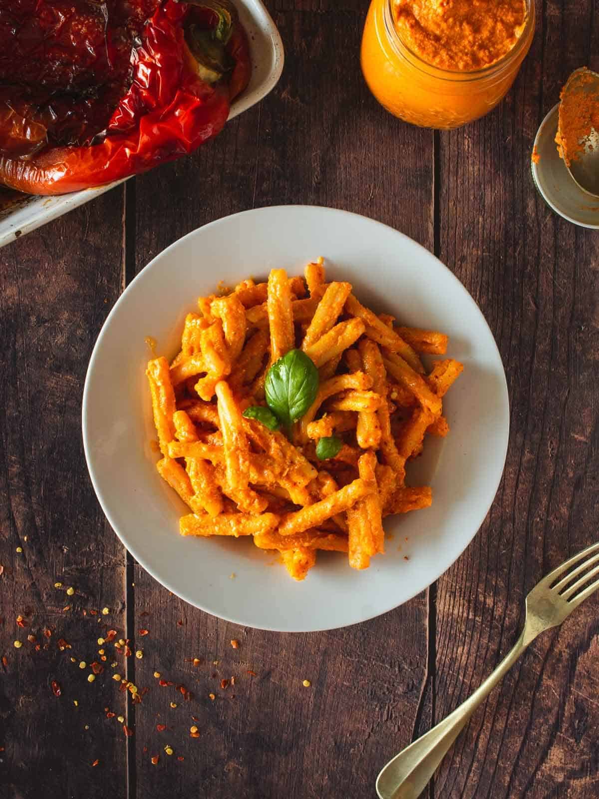 creamy pasta with easy tofu pesto recipe served on a wooden table.