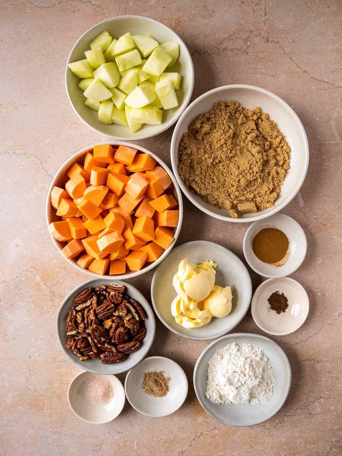 sweet potato crunch recipe ingredients in small bowls.