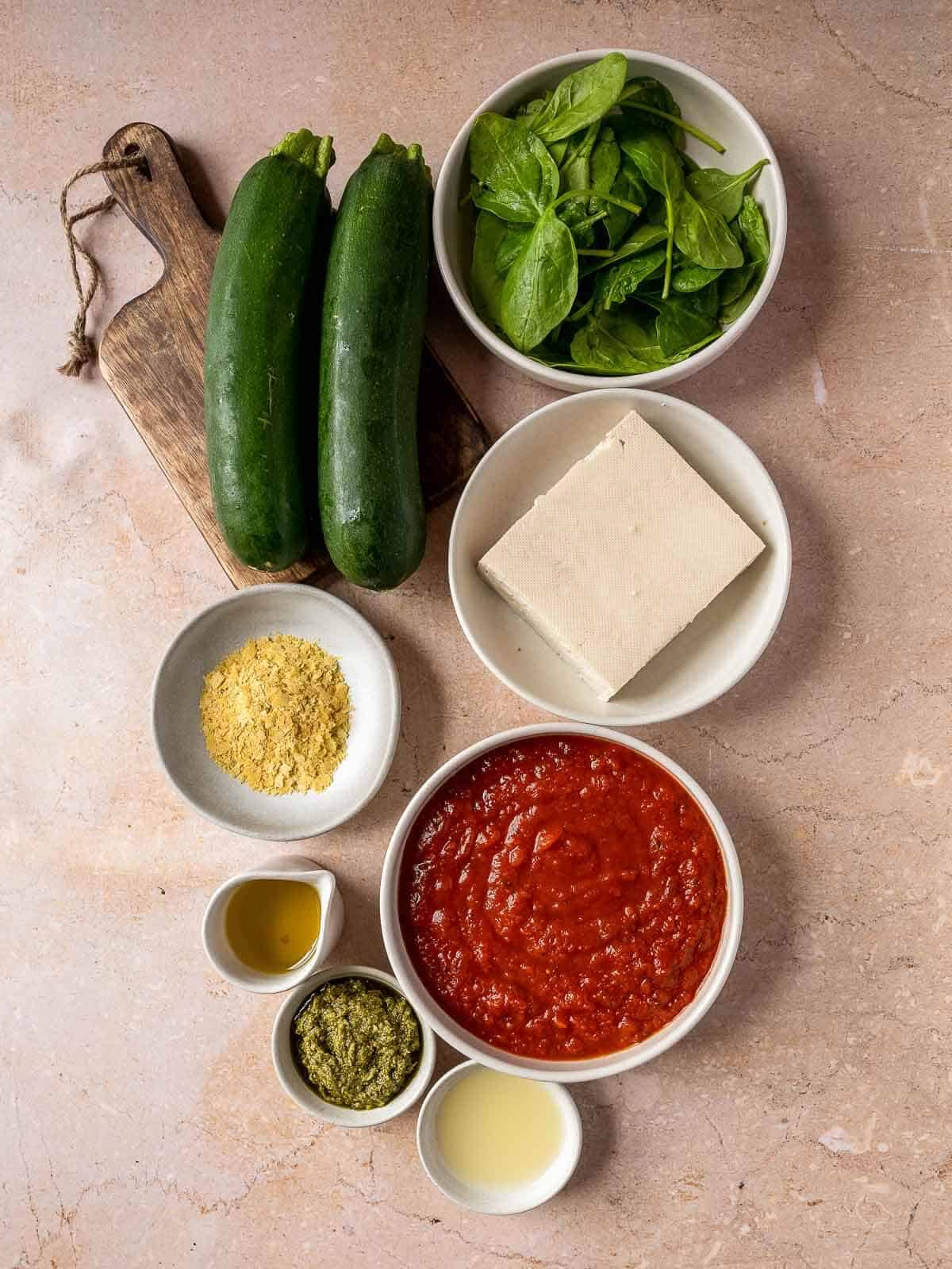 vegan gluten free lasagna ingredients on a table.
