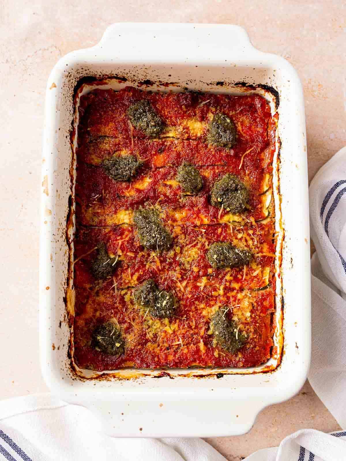 cooked vegetarian zucchini lasagna casserole dish with vegan gluten-free lasagna.