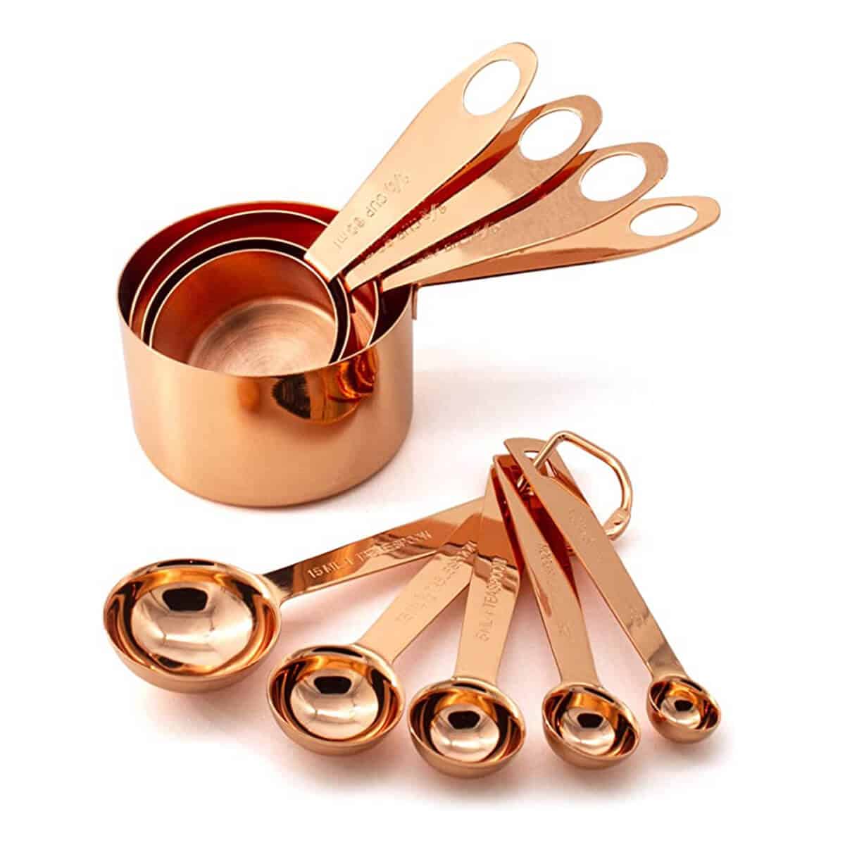 copper measuring cups and spoons.