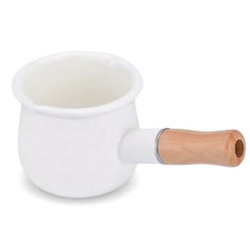 Enamel Milk Pan, Mini Butter Warmer 4 Inch 550ml Enamelware Saucepan Milk Warmer Small Cookware with Wooden Handle, Perfect Size for Heating Smaller Liquid Portions.