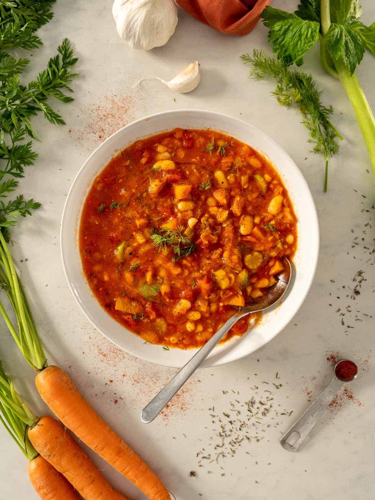 fasolada greek white bean soup recipe plated.