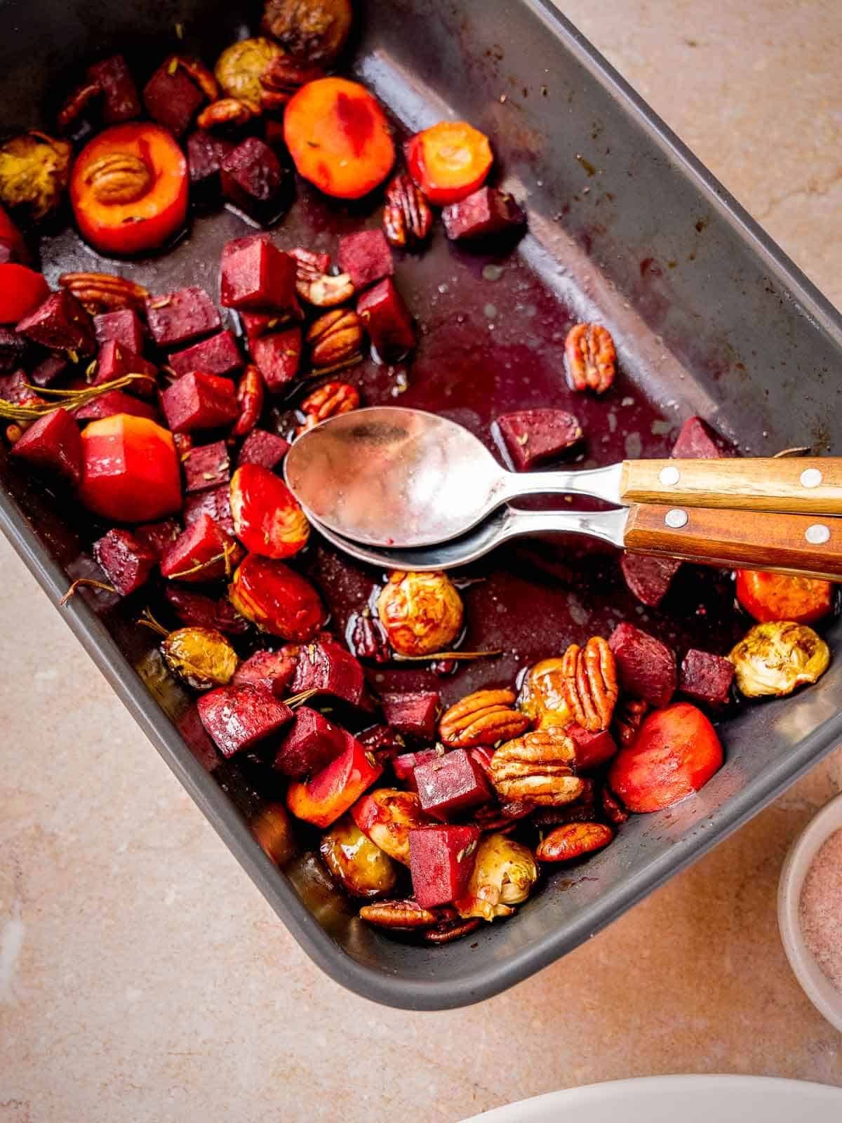 baking dish with leftover roasted vegetables.