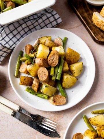 green beans potatoes and sausage featured.